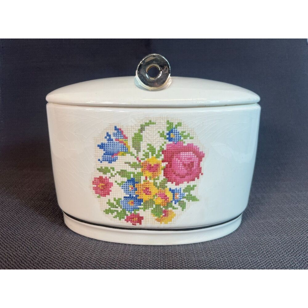 Vintage Petit Point Floral Needlepoint Harker Pottery Canister w/Lid USA Roses